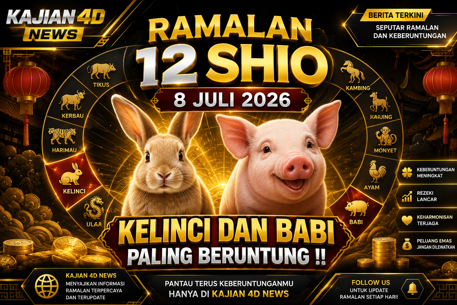 Ramalan 12 Shio 8 Juli 2026: Kelinci dan Babi Paling Beruntung, Peluang Emas Datang Hari Ini!
